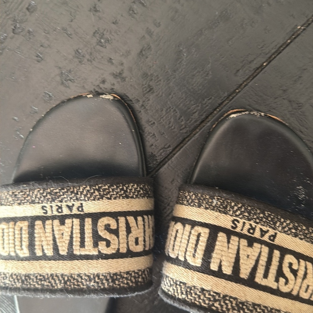 Christian Dior Dway Black Slide Sandals with Beige Embroidered Strap - Picture 3 of 4
